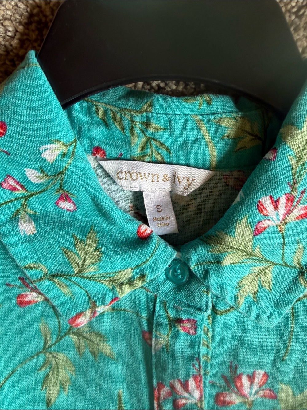 Turquoise Floral Collared Tiered Button Front Midi ShirtDress Pockets Linen Sz S - Picture 4 of 10